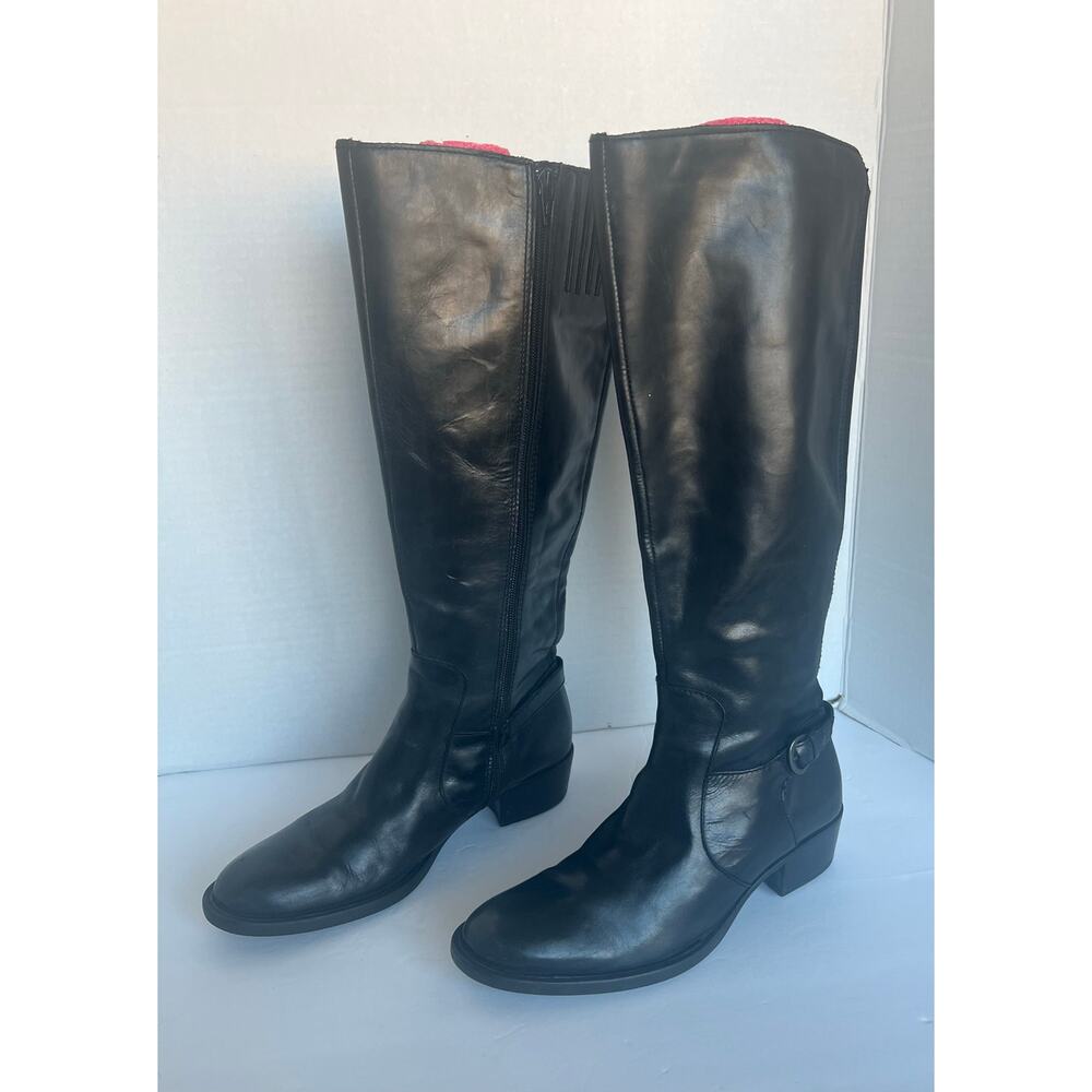 Born Helen Black Leather Knee High Zip Closure Round Toe Stacked Heel Boots 7‎